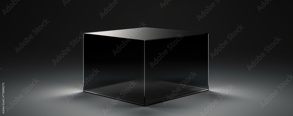 Black glass cube abstract 3d render, on black background with copy space minimalism design for text or photo backdrop 