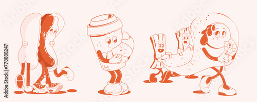 Set of fast food groovy retro mascots. Funny cute comic characters 60-70s for t-shirt print.  Vector illustration in monochrome red palette for bar and restaurant. Egg and bacon, hot dog, coffee 