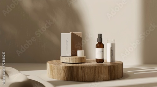 Elegant skincare bottles on a wooden pedestal