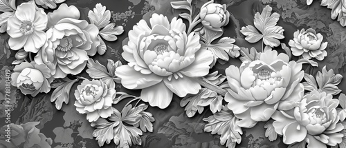 Vintage style illustration of a black and white peony flower with a hand drawn floral pattern. Grey peony flower. Asian background. Black and white peony flower with oriental style background.