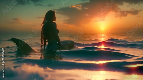 Silhouette of a beautiful mermaid sitting in the sea among the waves, gazing at the horizon with the sun setting and the fish tail outside. Cinematic landscape of a fairytale animated like a dream photo