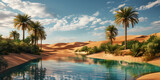 tranquil beach scene with palm trees and gentle waves.,  A tranquil desert oasis reflecting the surrounding palm trees in its pool.