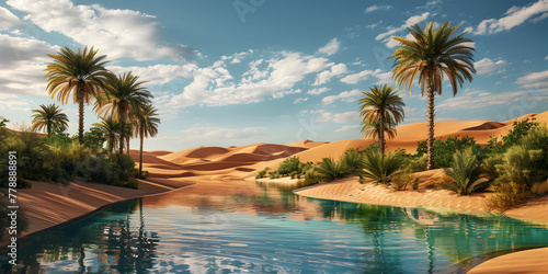tranquil beach scene with palm trees and gentle waves.   A tranquil desert oasis reflecting the surrounding palm trees in its pool.