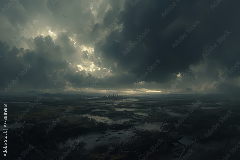 A dramatic sky with dark storm clouds gathering over an ancient landscape, symbolizing the approaching apocalypse and divine fury in biblical times. 