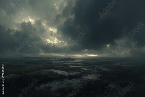 A dramatic sky with dark storm clouds gathering over an ancient landscape, symbolizing the approaching apocalypse and divine fury in biblical times.  photo