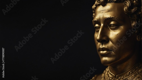 golden ancient nobleman statue close up portrait on plain black background from Generative AI