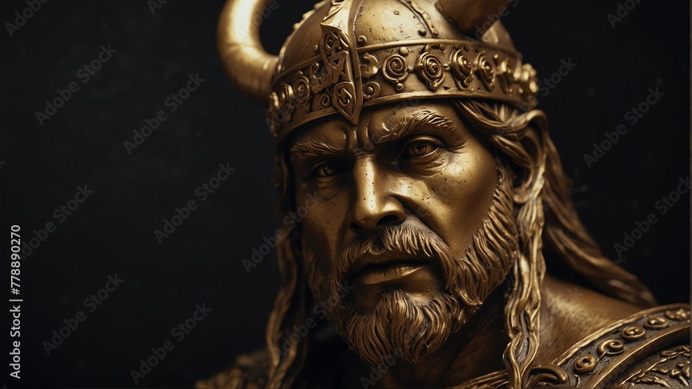 golden viking statue close up portrait on plain black background from Generative AI golden viking statue close up portrait on plain black background from Generative AI