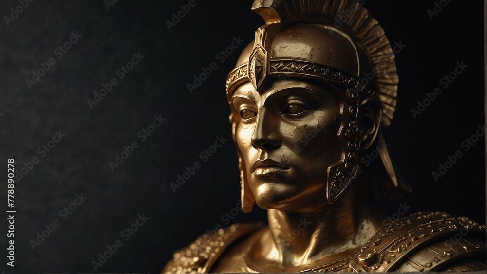 golden warrior statue close up portrait on plain black background from Generative AI