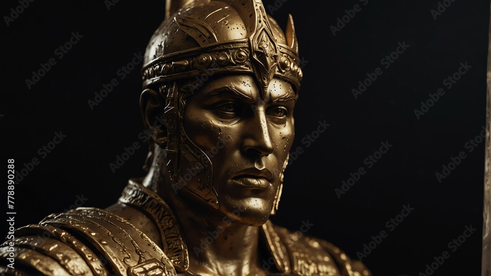 golden warrior statue close up portrait on plain black background from Generative AI golden warrior statue close up portrait on plain black background from Generative AI