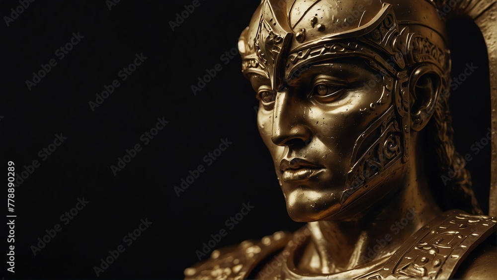 golden warrior statue close up portrait on plain black background from Generative AI