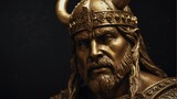 golden viking statue close up portrait on plain black background from Generative AI