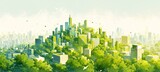 A flat illustration of green cityscape with buildings made from leaves and trees, surrounded by urban landscape. 