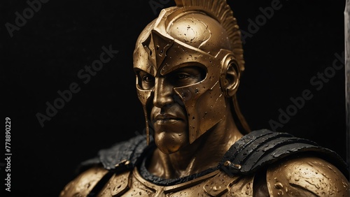 golden spartan warrior statue close up portrait on plain black background from Generative AI