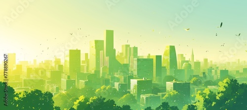 A flat illustration of an urban skyline made from green buildings and trees, with the sun rising in the background #778890267