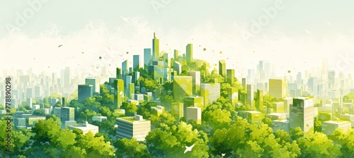 A flat illustration of green cityscape with buildings made from leaves and trees, surrounded by urban landscape. 
