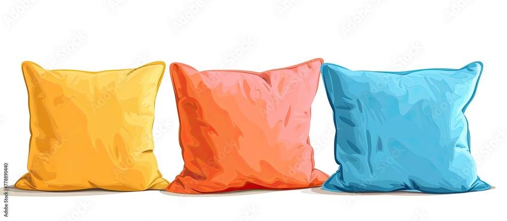 Three rectangular peach, orange, and electric blue pillows are neatly lined up on a white background. Perfect for adding comfort and art to your couch