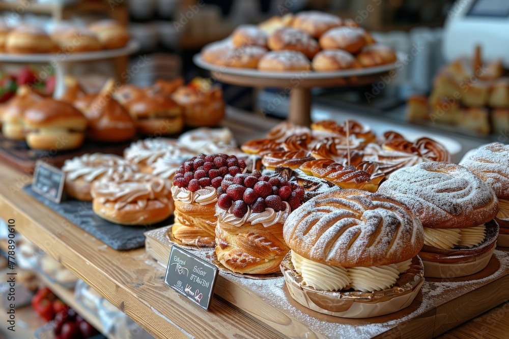 A sumptuous array of freshly baked pastries and desserts presented in a bakery display with intricate details