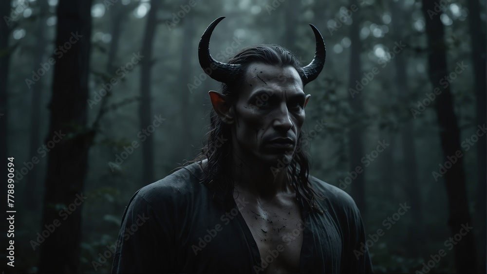 an incubus portrait on foggy dark forest backround from Generative AI an incubus portrait on foggy dark forest backround from Generative AI