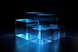 Blue glass cube abstract 3d render, on black background with copy space minimalism design for text or photo backdrop 