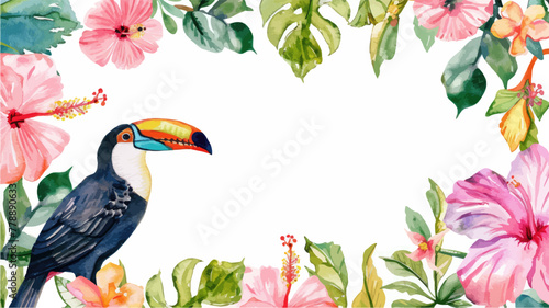 Tropical watercolor plants and flowers, summer holiday banner