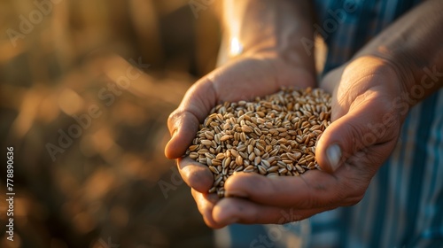 Photo of hands holding grains, focus on the texture and color of wheat with blurred background of farmland. Generated by artificial intelligence. 