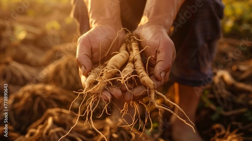 Ginseng roots in the hands of a farmer, warm sunlight, closeup shot. Generated by artificial intelligence.