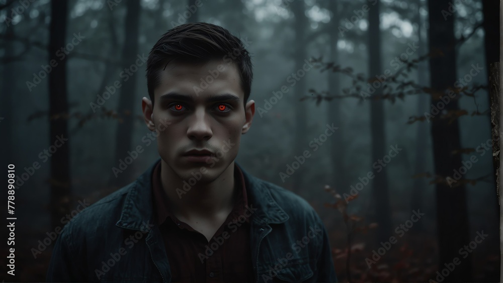 young man glowing red eyes portrait on foggy dark forest backround from Generative AI young man glowing red eyes portrait on foggy dark forest backround from Generative AI
