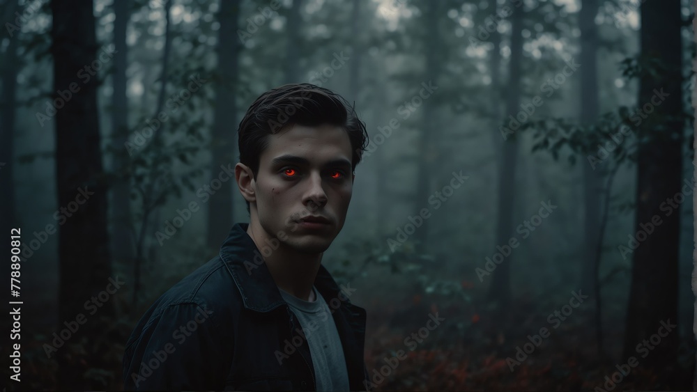 young man glowing red eyes portrait on foggy dark forest backround from Generative AI young man glowing red eyes portrait on foggy dark forest backround from Generative AI