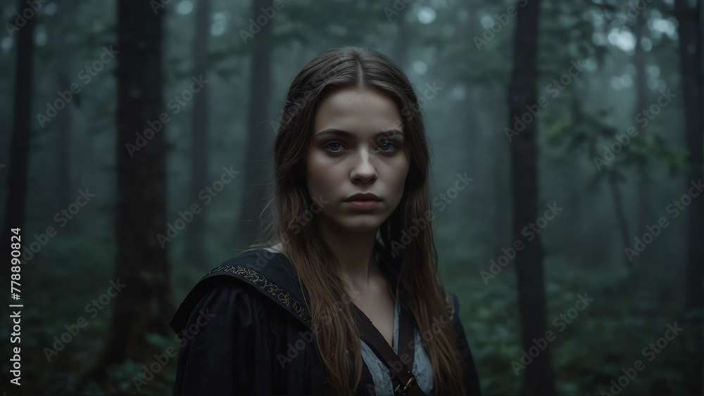 young sorceress portrait on foggy dark forest backround from Generative AI young sorceress portrait on foggy dark forest backround from Generative AI