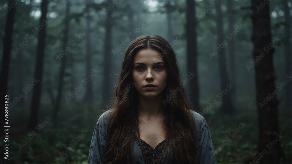 young sorceress portrait on foggy dark forest backround from Generative AI young sorceress portrait on foggy dark forest backround from Generative AI