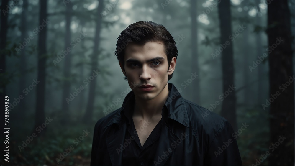 young vampire portrait on foggy dark forest backround from Generative AI