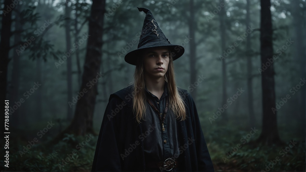young wizard portrait on foggy dark forest backround from Generative AI young wizard portrait on foggy dark forest backround from Generative AI
