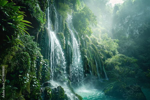 A beautiful waterfall surrounded by green moss © grey