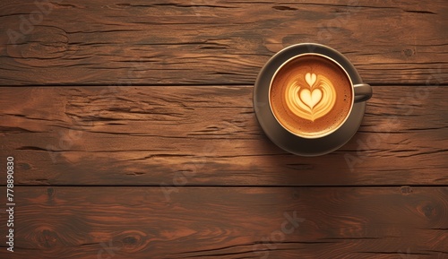 A cup of coffee with a smiley face drawn in it sits on top of a dark wooden table. The background is a solid brown color, creating an atmosphere that suggests focus and attention to detail. 