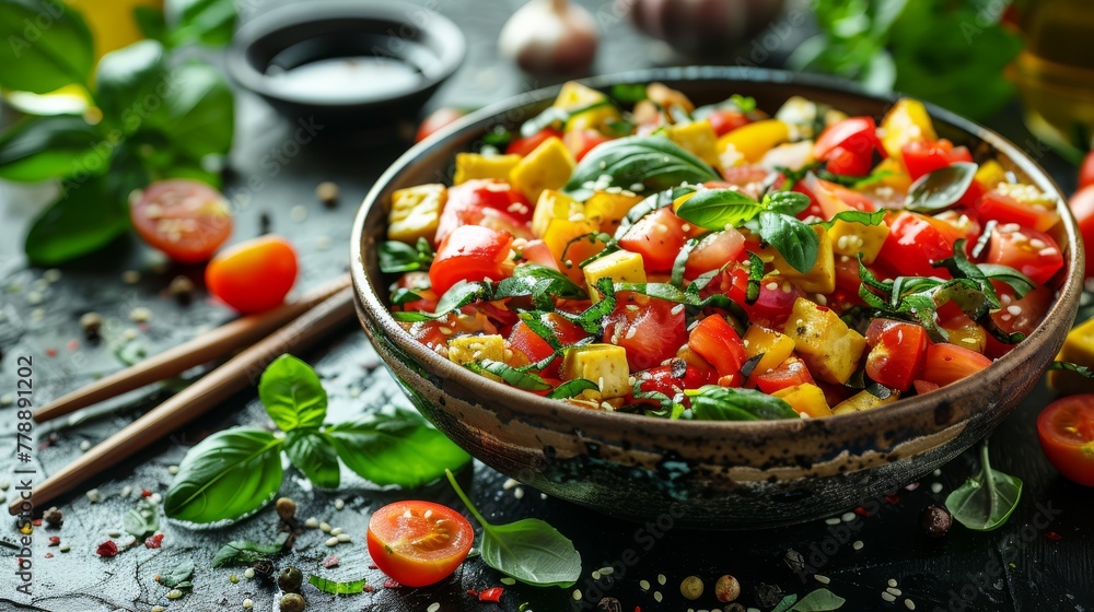   A close-up photo of a colorful bowl filled with juicy tomatoes, fresh basil, and assorted vegetables
