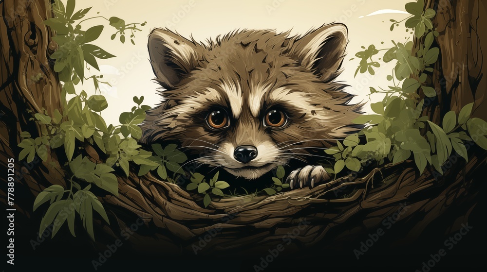 A whimsical cartoon logo of a curious raccoon peeking out of a tree trunk.