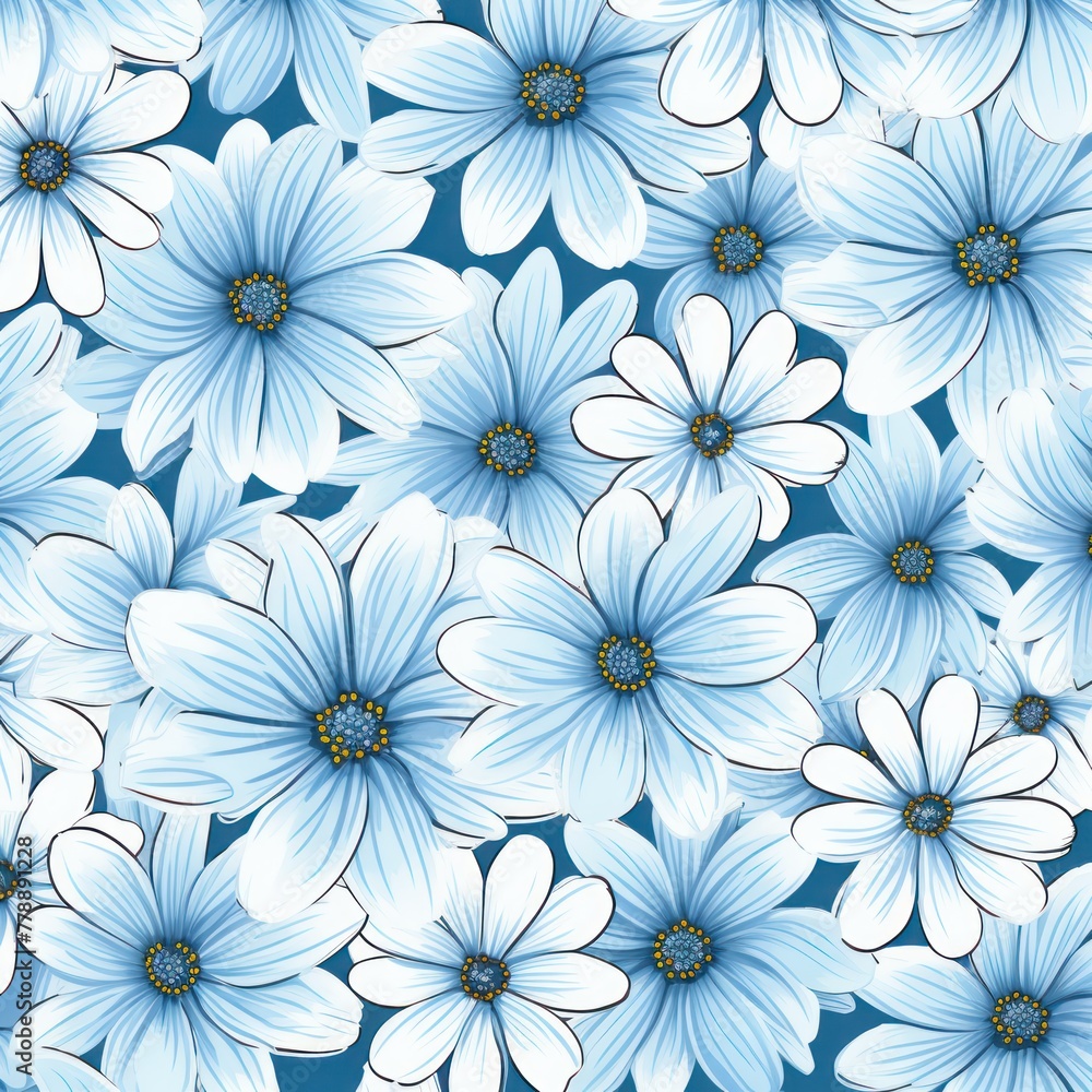 Blue and white daisy pattern, hand draw, simple line, flower floral spring summer background design with copy space for text or photo backdrop 