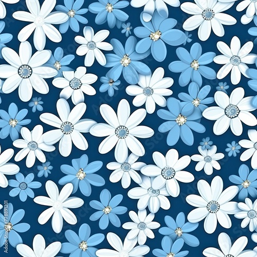 Blue and white daisy pattern, hand draw, simple line, flower floral spring summer background design with copy space for text or photo backdrop 