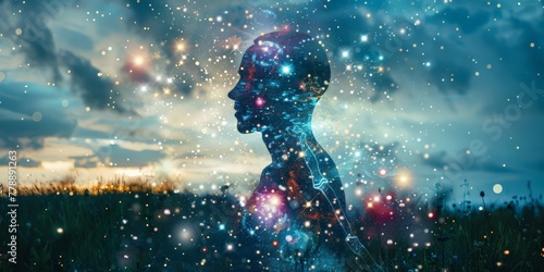 Concept of human thought, cosmos within mind. Deep space and consciousness connection