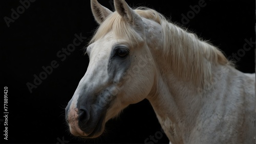 white horse close up portrait on plain black background from Generative AI