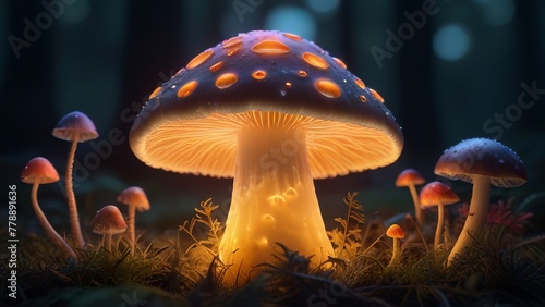 Mushroom irradiant glowing lights in the forest  photo