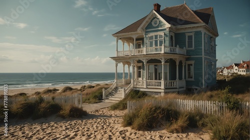 victorian house on the beach in summer front porch facade view with sea on background from Generative AI photo