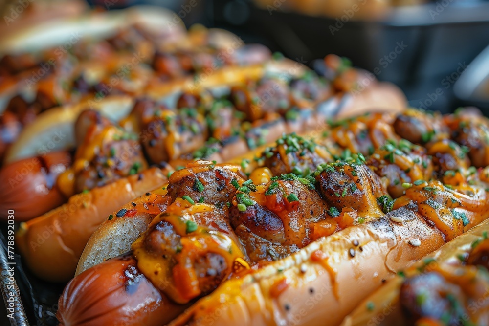 Juicy hot dogs with grill marks topped with sauce, mustard, and green spices served in a row Juicy hot dogs with grill marks topped with sauce, mustard, and green spices served in a row