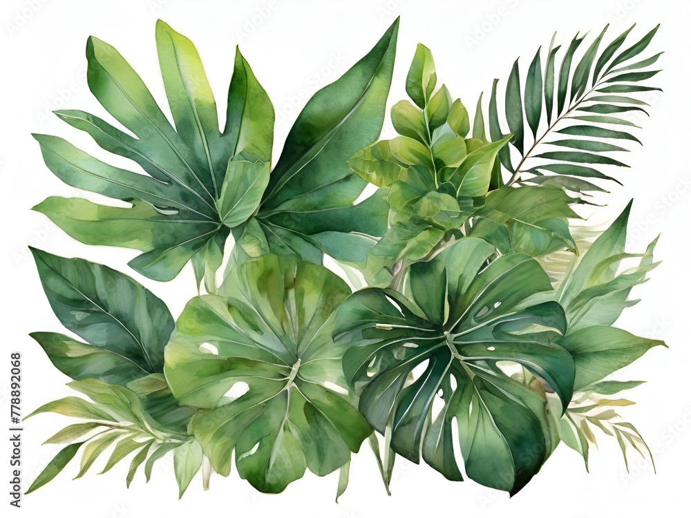 background illustration of various tropical leaves
