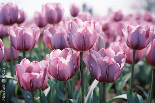 A field of blooming pink tulips.