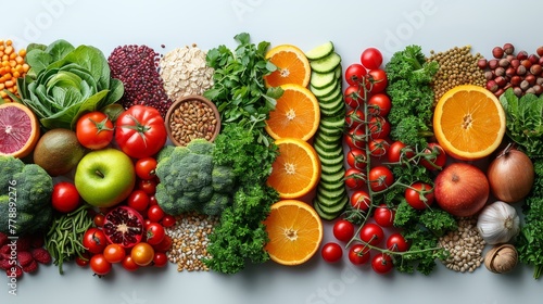   A horizontal arrangement of various fruits and vegetables on a white background  featuring oranges  kiwis  tomatoes  broccoli  spinach  and more