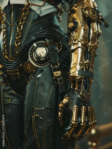 Victorian-inspired cybernetic outfits details in brass and leatherclose-up