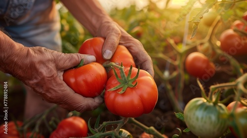 A farmer's male hands picking tomato harvest. Morning sunlight, fresh and healthy, vegetables. Generated by artificial intelligence. 