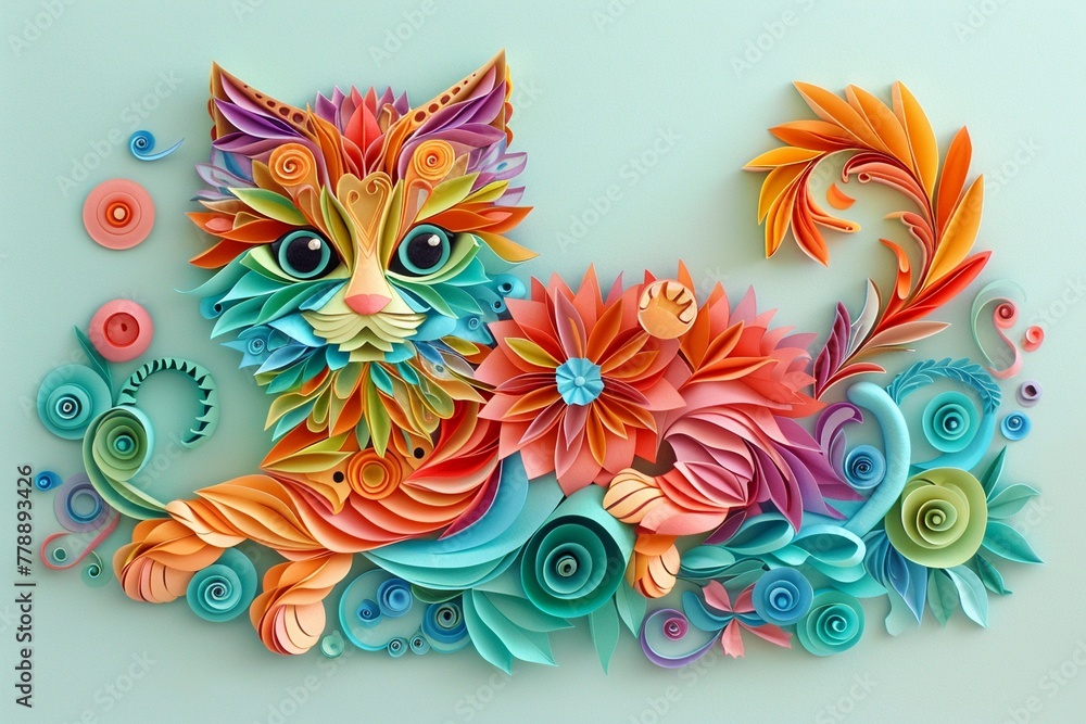 Adorable kitten paper art, in bright rainbow hues with intricate lace designs, on a soft mint background, showcasing its charm Adorable kitten paper art, in bright rainbow hues with intricate lace designs, on a soft mint background, showcasing its charm