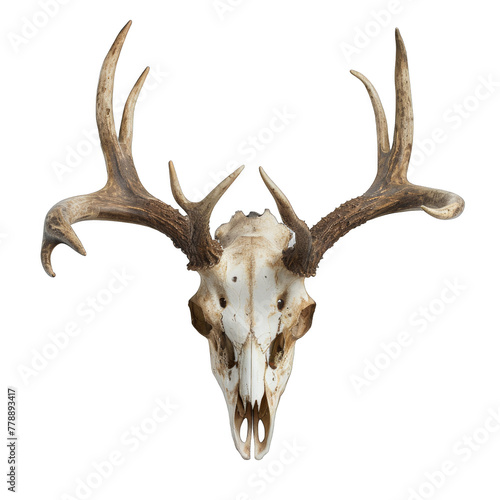 A deer skull with antlers is displayed on a white background